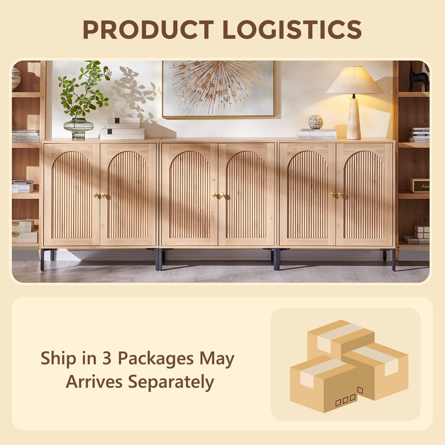 Modern Buffet Cabinet with Storage, 92.63" W Fluted Arched Sideboard Cabinet w/Adjustable Shelves, Wooden Modular Coffee Bar for Dining Room, Kitchen, Living Room, Entryway, Natural