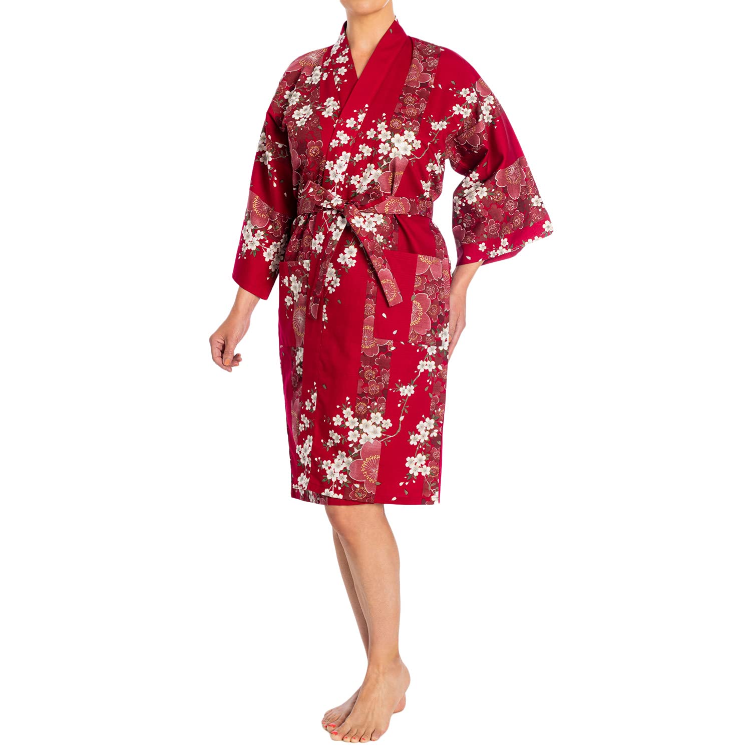 The Japanese Shop Women's Red Cherry Blossom Print Short Yukata