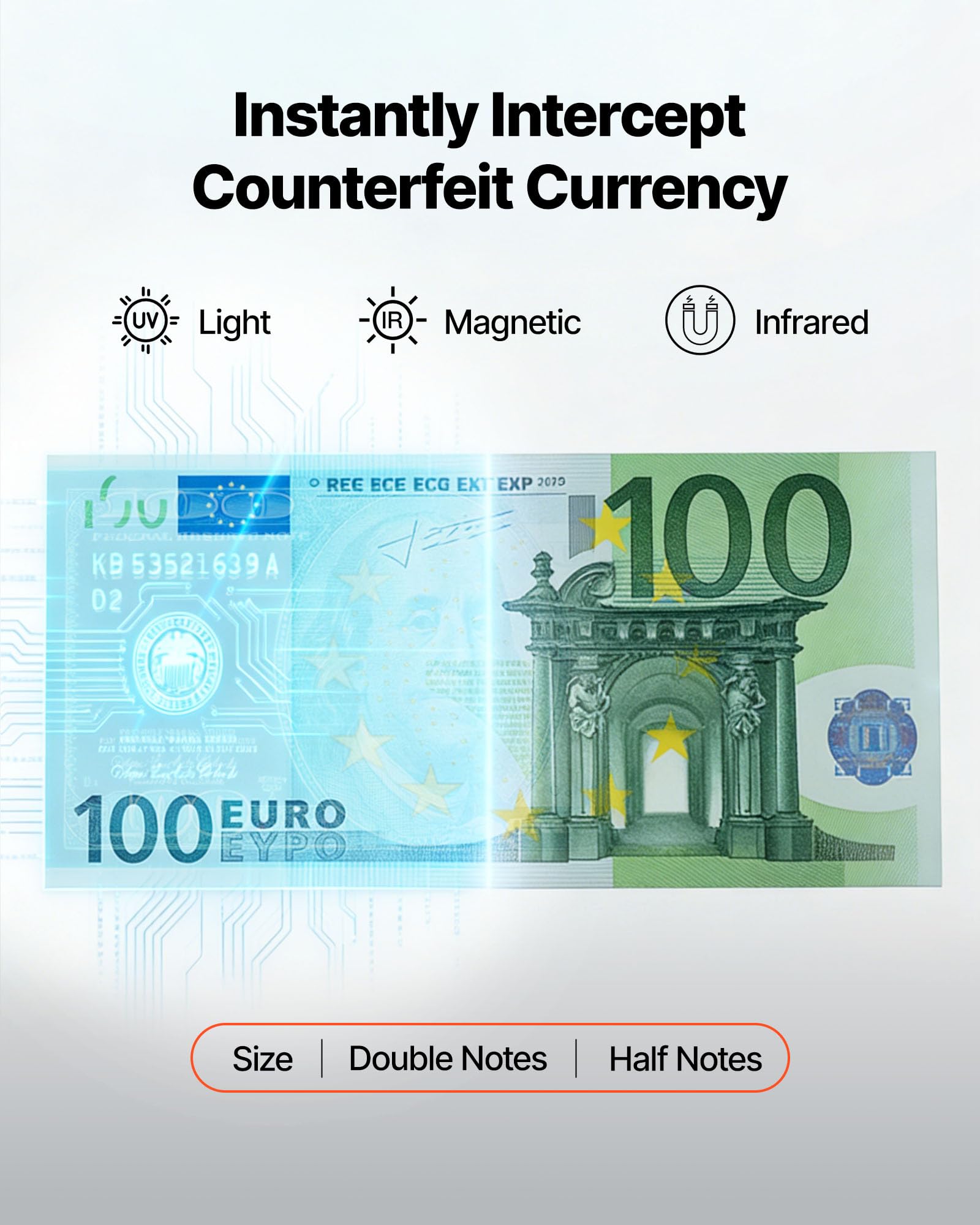 VEVOR Contabanconote Velocità 1200 banconote/min da Banco, Contasoldi con Conteggio del Valore, Rilevamento di Banconote False UV MG IR DD DBL HLF CHN, Display TFT, per Banconote Multiple Valori Misti