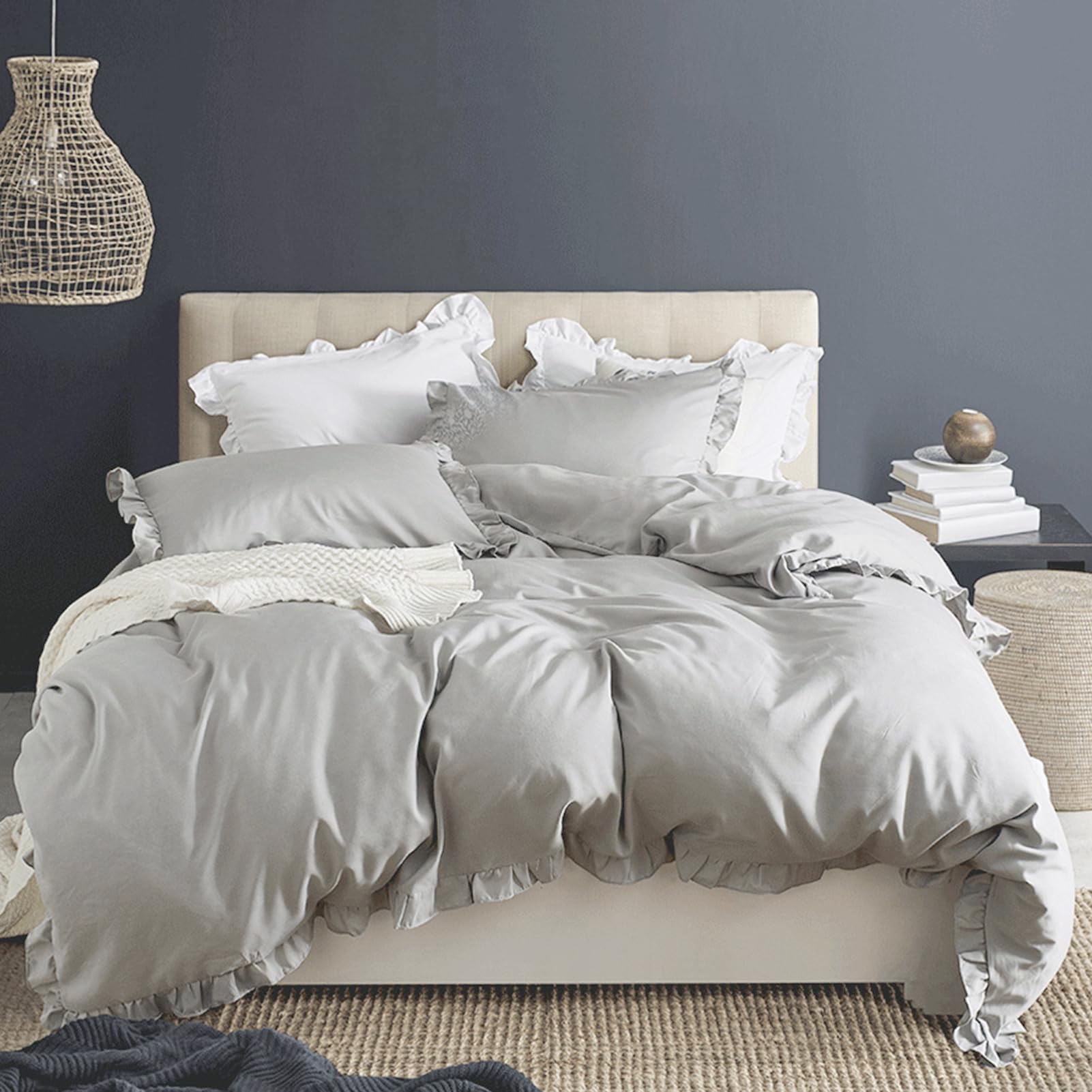 VAODO 4 Pieces Cotton Duvet Cover Set, Ruffles Bedding Cover Set, Cool and Skin-Friendly, Include 1*Duvet Cover 190x210cm, 1* Fitted Sheet 245x215cm+30cm, 2* Pillowcases 45x65cm, Light Gray