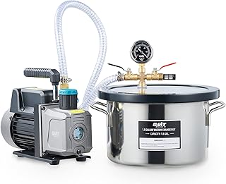 OMT 1.5 Gallon Vacuum Chamber and Pump, Epoxy Resin Degassing Kit w Gauge Hose Sealer Oil for Casting HVAC Service More, Stainless Steel Vacuum Chamber & 3.5cfm Vacuum Pump for Home More