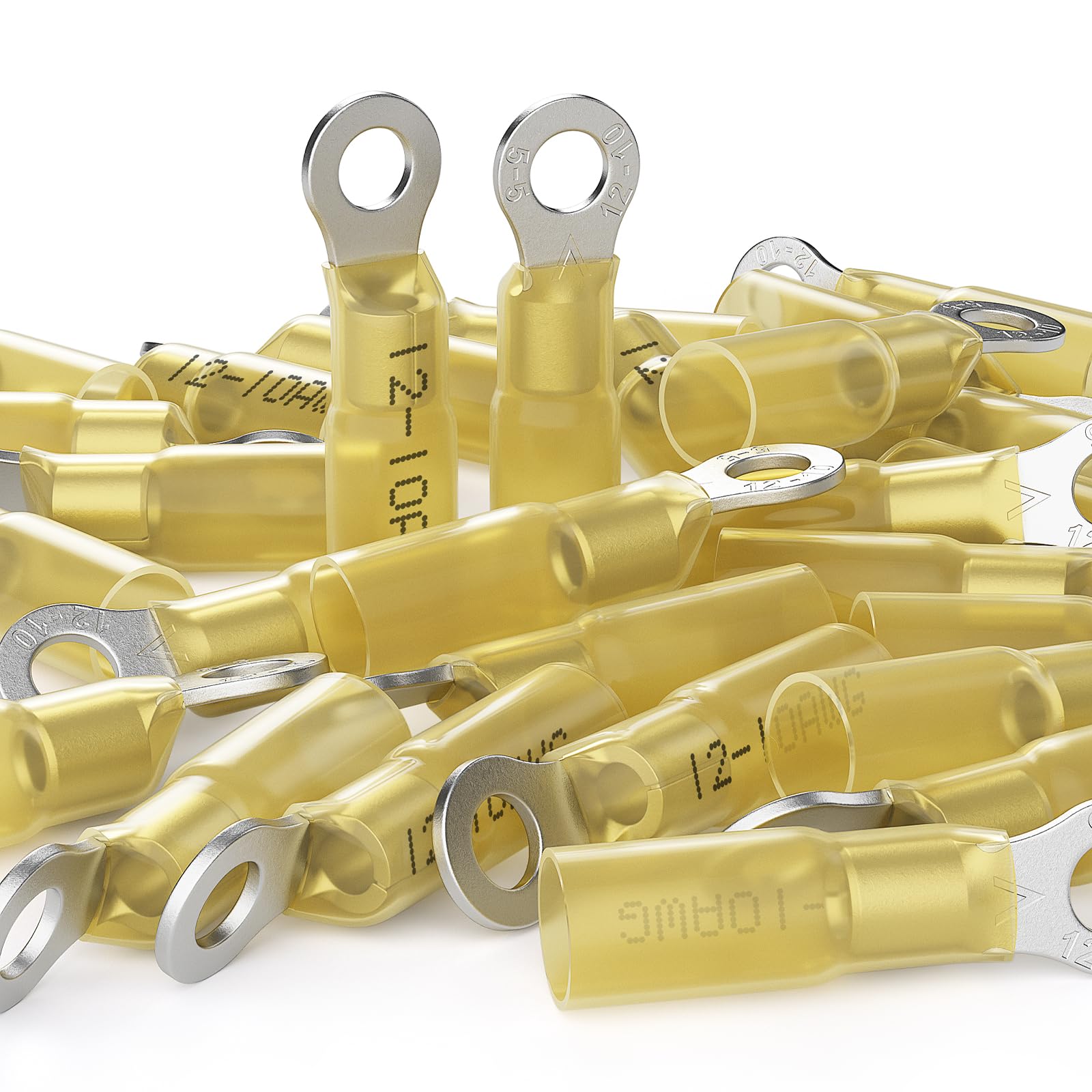 AIRIC12-10 AWG - #10 Heat Shrink Ring Terminals, Copper Terminal Connector Ends, Battery Cable End Lugs, Yellow Insulated Electrical Crimp Wiring Connectors, Wire Lug for 12, 10 Gauge Wires, 50 PCS