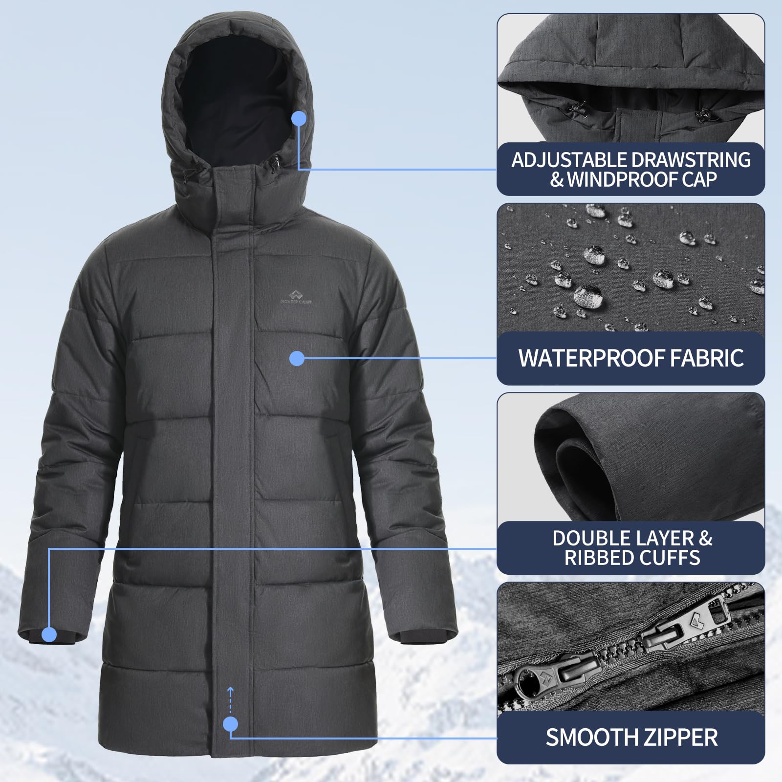 Pioneer Camp Cappotto invernale lungo da uomo, con cappuccio, impermeabile, isolante, piumino, caldo, piumino parka