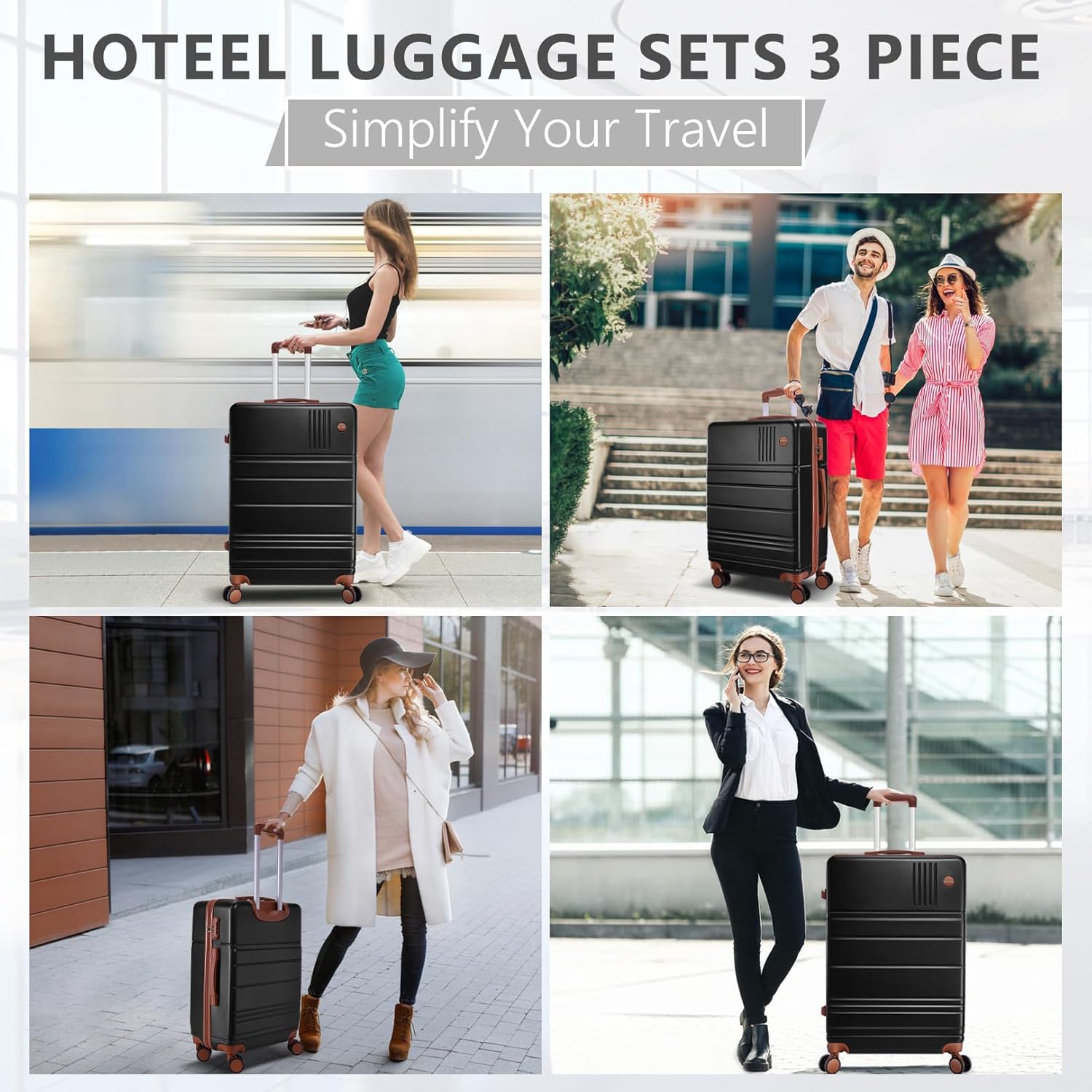 Hoteel Luggage Sets 3 Piece, 4-Yr Warranty Durable Suitcase Dual-Spinner Wheel TSA Lock, Lightweight Travel Hardshell PC+ABS Carry on Luggage for Men&Women, Black(20/24/28 inch)