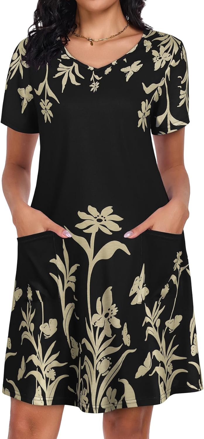 CHICGAL Summer Dresses for Women V Neck Short Sleeve Casual Loose T Shirt Sundress Beach Cover Ups with Pockets - Image 2