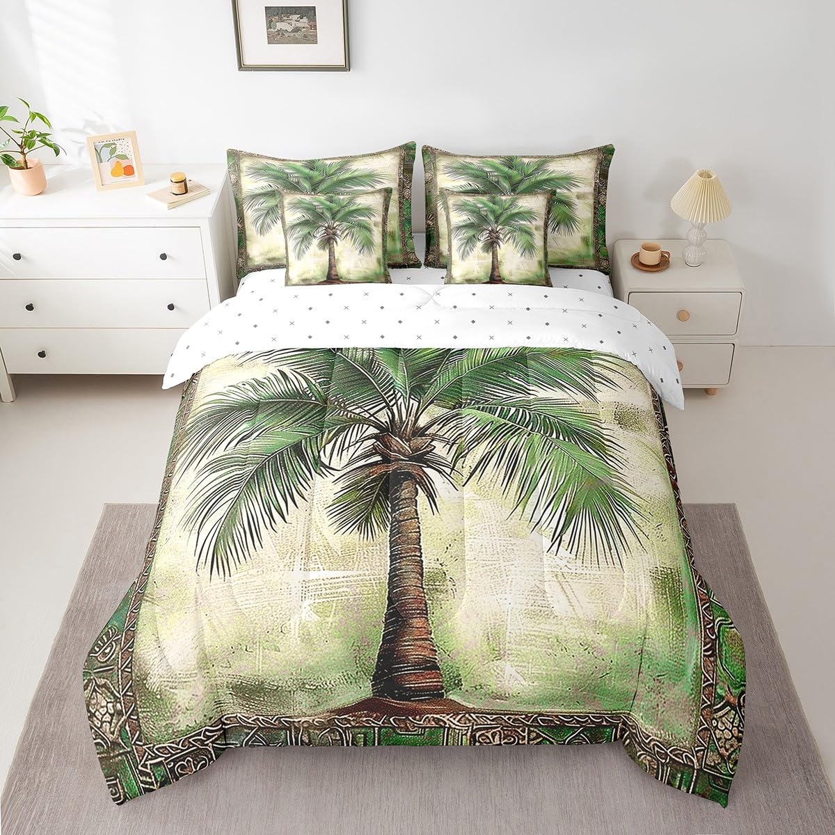 Feelyou Green Palm Tree Print 7 Pieces Bedding Set Palm Leaf Twin Comforter Set with Sheets for Boys Girls Kids Room Decor Beach Theme Bed in a Bag