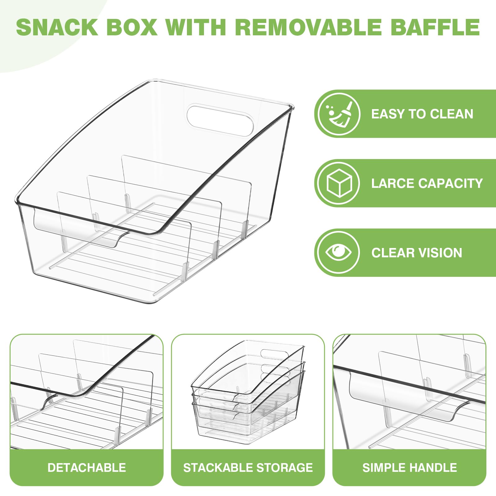 Lot de 4 bacs de rangement transparents amovibles en plastique avec 3 séparateurs, organiseur de réfrigérateur, bacs de réfrigérateur, organisation de cuisine