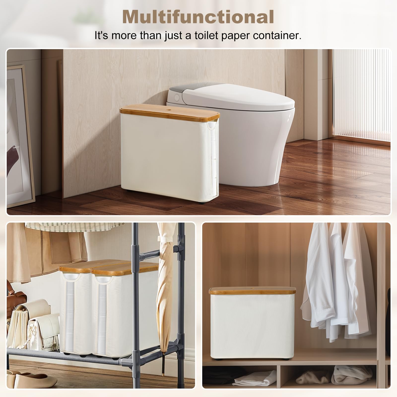 Portarrollos Papel Higienico, Cesta Papel Higienico, Porta Rollos de Papel Higienico, Soporte Papel Higienico con Tapa, Toilet Paper Holder Capacidad para 12 Rollos de Papel higiénico, Beige