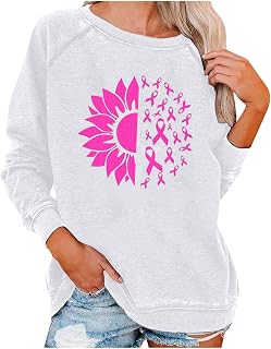 JISDFKFL Long Sleeve Tops Women, Ladies Breast Cancer Printed Round Neck Loose Pullover Blouses Summer/Autumn Leisure Round Neck Long Sleeve Comfortable Sweater UK