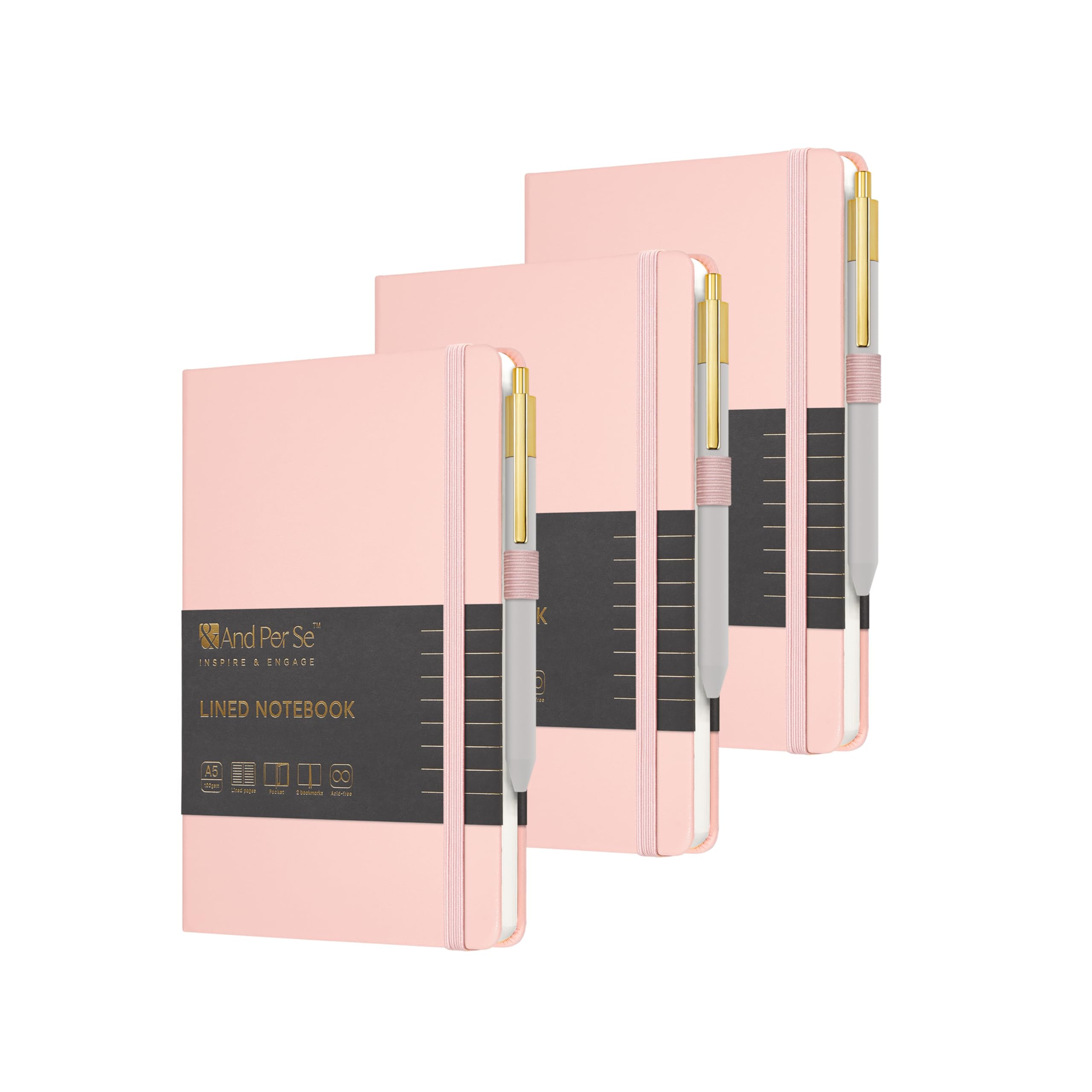 A5 Lined Leather Journal and Pen Set (3 packs), Hardcover Notebook with Pen, 160 Pages 100gsm Thick Ruled Paper for Men Women, for Work, Business, School or Home Writing, 5.7'' x 8'' (Pink)