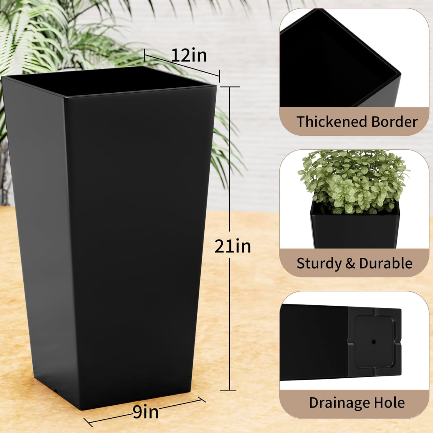 QCQHDU 21 inch Large Tall Taper Planters for Indoor & Outdoor Plants, 2 Pack Durable Plant-Flower-Tree Pots for Front Porch Patio Living Room Home Garden Decor