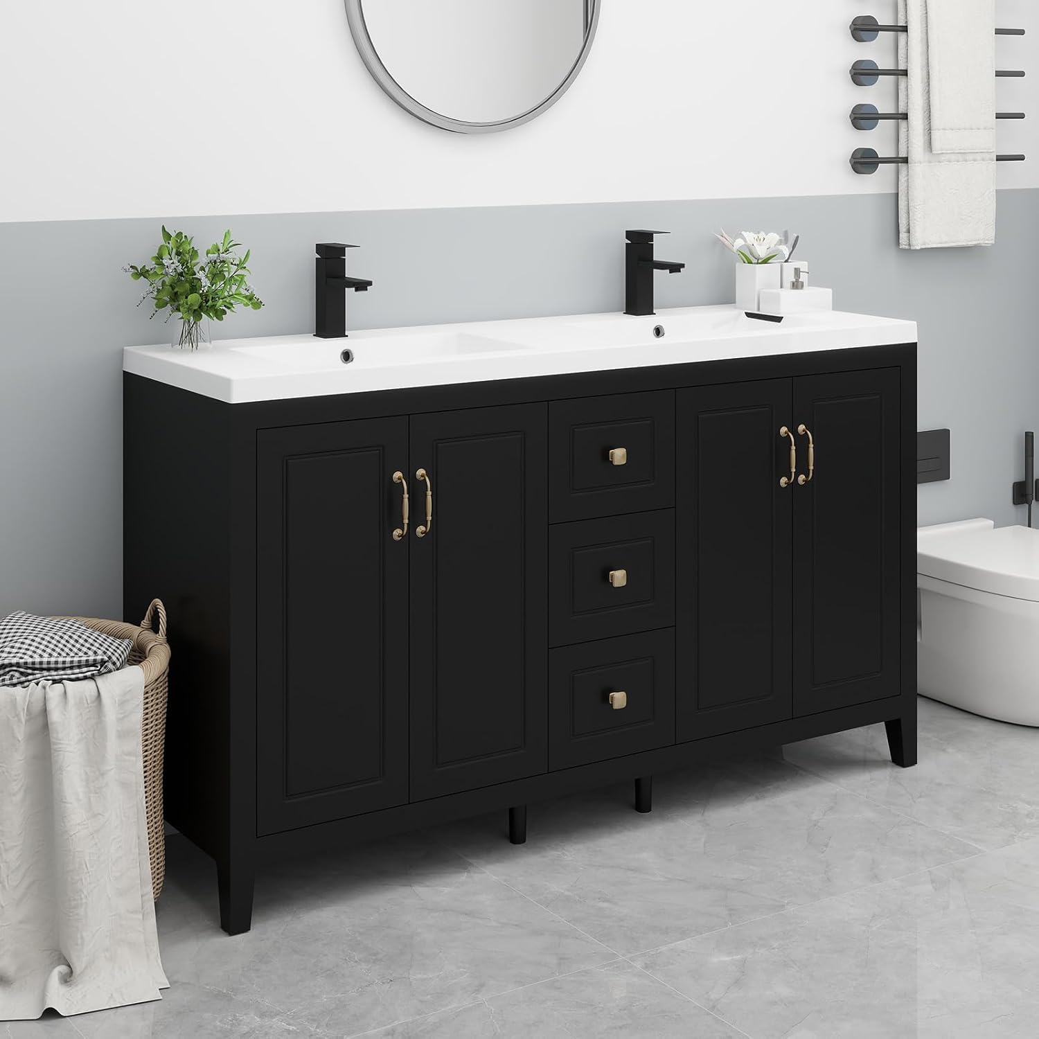 YOURLITE 60” Bathroom Vanity with Sink, Painted Surface Freestanding Vanity Cabinet with 4 Soft-Close Doors, 3 Drawers,Matte Black Faucet Drain,Modern Bathroom Furniture