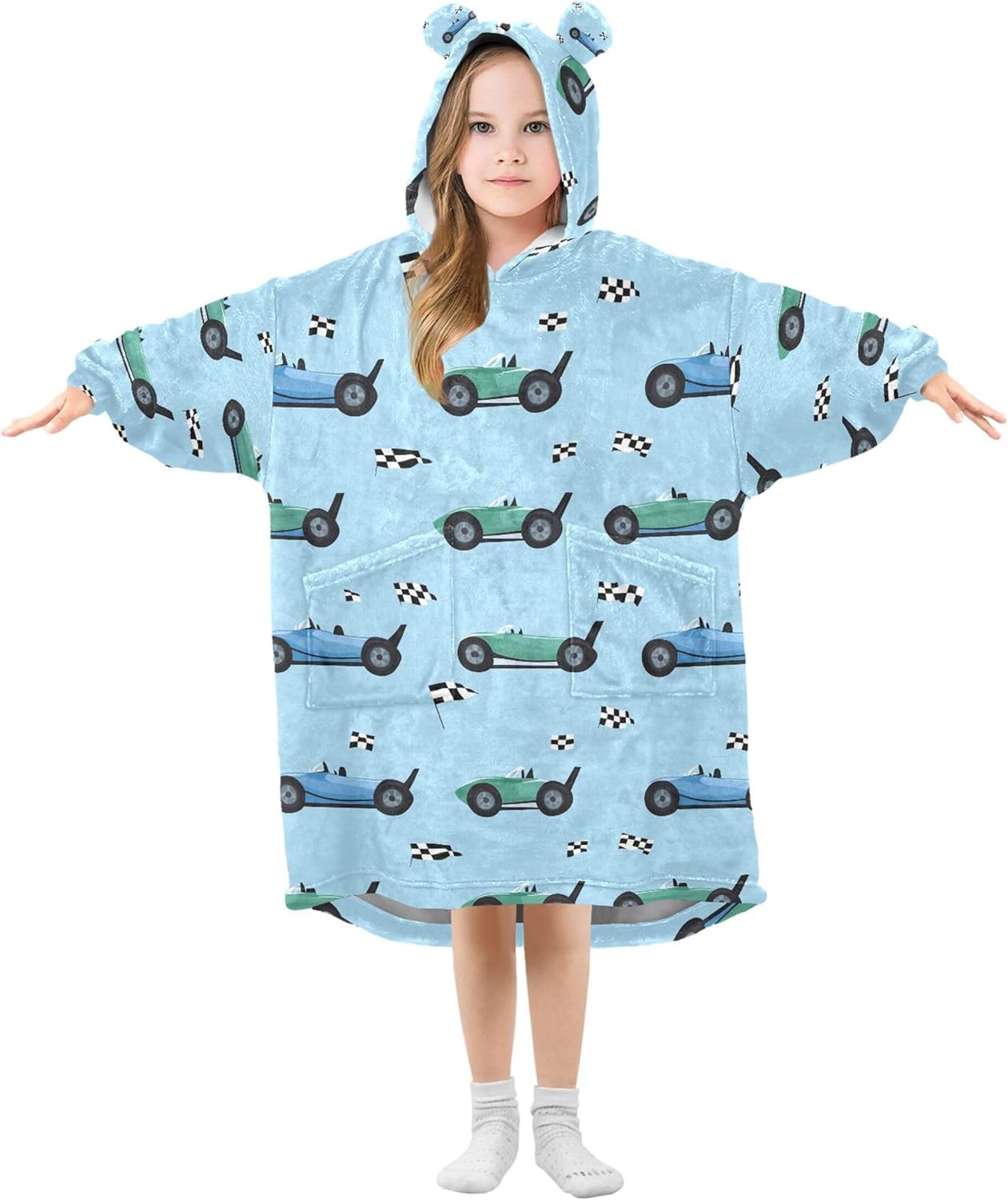 Car Racing Car Flag Kids Wearable Blanket Hoodie with Pocket and Sleeves for Toddlers, Cute Hoodies Girls B0403820