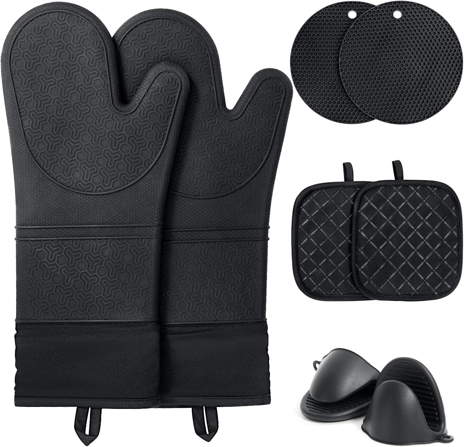 Silicone Oven Gloves Heat Resistant - Funnydin Black Silicone Oven Mitts Heat Resistant - Premium Non-Slip Design Kitchen Gloves, Include Cooking Potholder and Air Fryer Oven Gloves