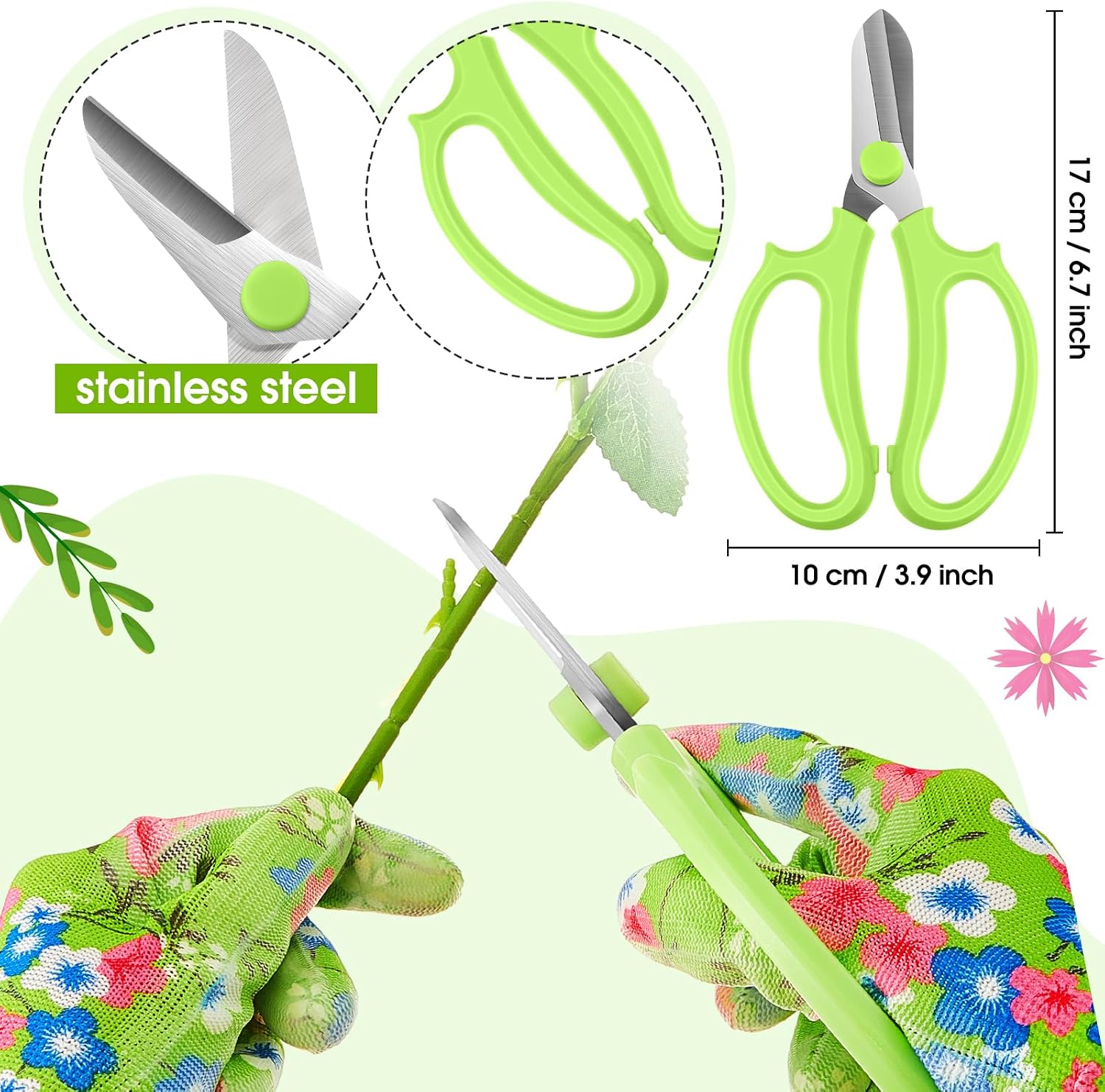 Lasnten 14 Pcs Mother's Day Rose Stripper Thorn Remover Tool Garden Pruning Shears Scissors Kit Leaf Stripping Tool Floral Gloves and Floral Tape Flower Stripper Kit Gift for Wedding Outdoor(Green)