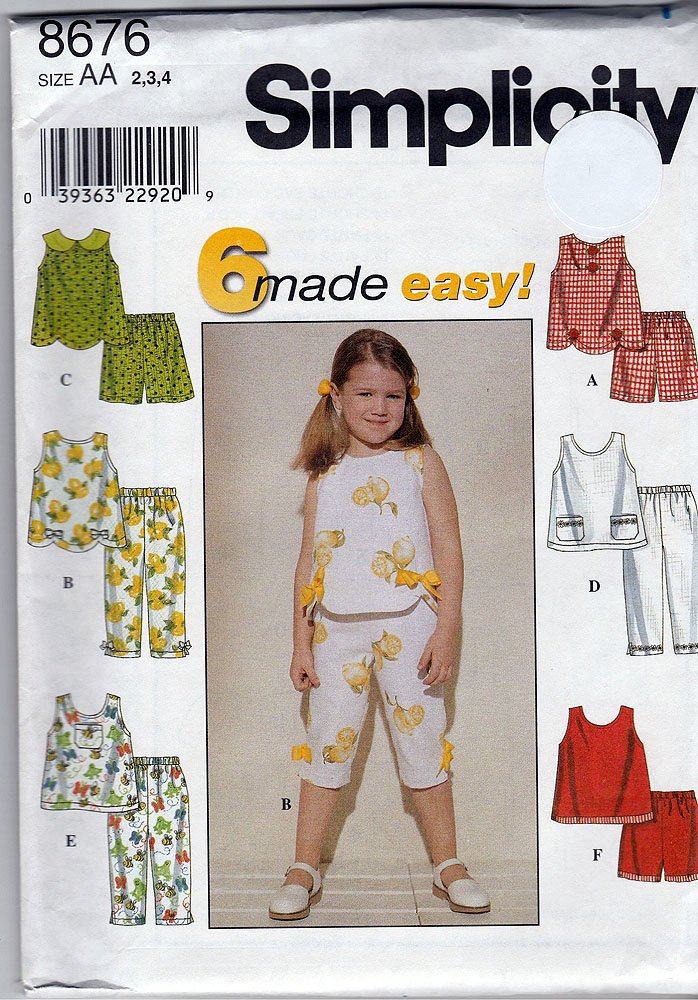 Patron Simplicity 8676 : haut, pantalon, short enfant tailles 2 3 4 ans