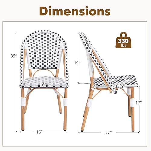 Miniatura 3 de Tangkula Juego de 2 sillas francesas de bistró, sillas de comedor sin brazos para exteriores con ratán tejido a mano, sillas decorativas con marco