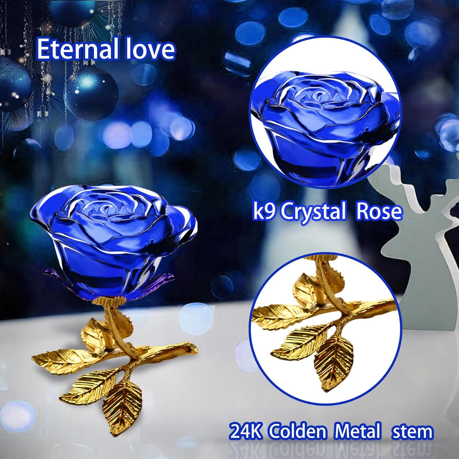 WILLSHINE Crystal Glass Rose Flower Figurine,with Gold Plated Stem and Leaves,Handmade K9 Crystal Rose Collectible,Artificial Rose Gift Box for Her on Mother's Day Valentine's Day Christmas.