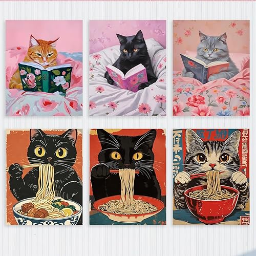6 impresiones artísticas de pared de gato vintage para decoración de cocina, divertidos libros de preparación, regalos para amantes de los libros,