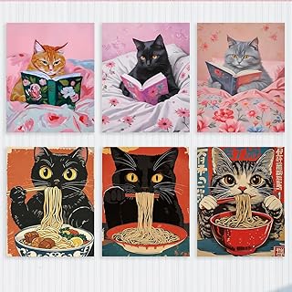 6VintageKatzenDrucke, Küchendekoration, lustigeKatze, adretteBuchliebhaber, Geschenke, Wanddekoration, Kunst, RamenPoster, trendigesGemälde