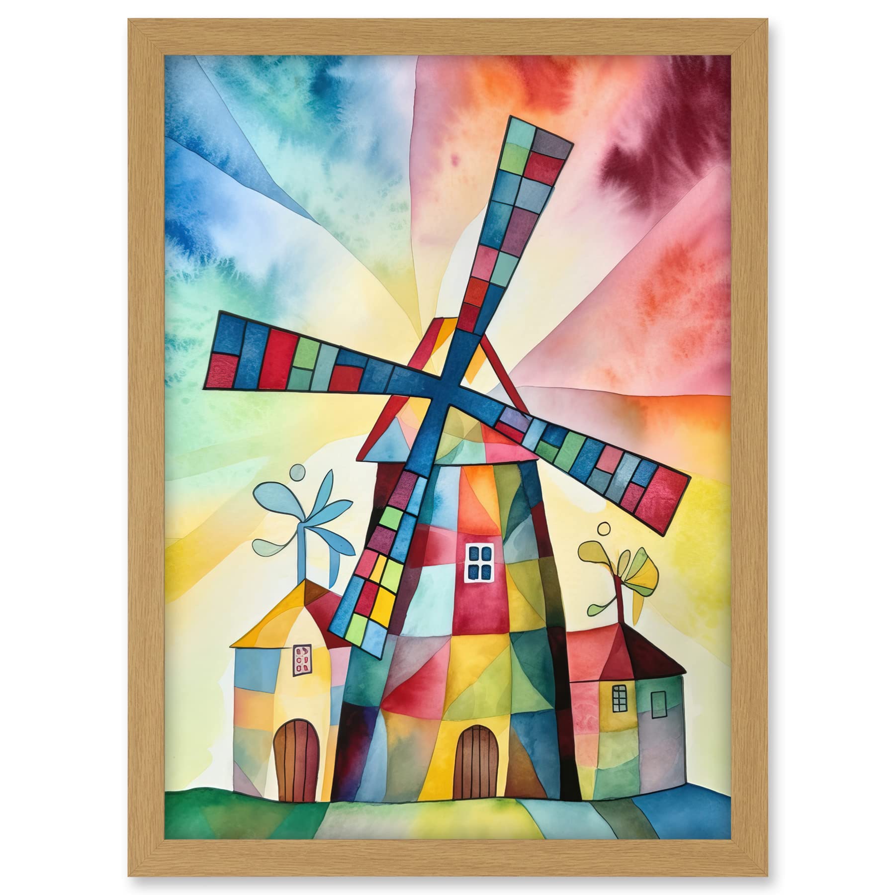 Artery8 Windmill Folk Art Abstract Bright Artwork Framed A3 Wall Art Print