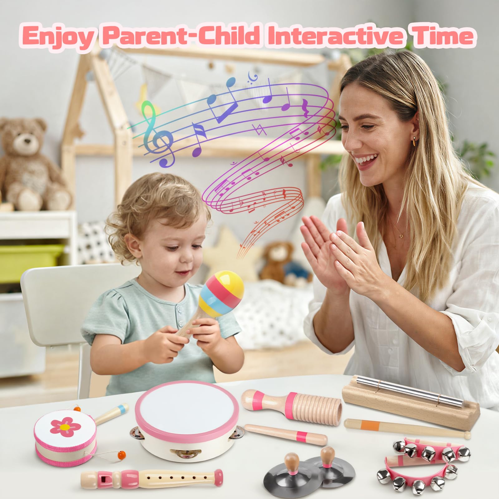 Strumenti musicali per bambini - Giocattoli musicali Montessori per tutti-piccoli, Set di strumenti a percussione in legno, Giocattoli di risveglio musicale (Pink)