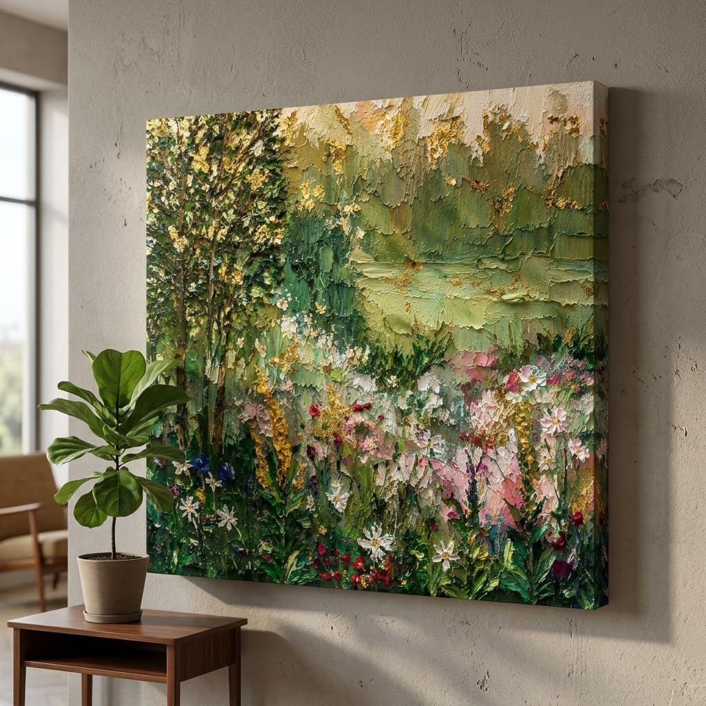 SAF Nature Landscape Canvas Painting Wall Art | Green Forest Meadow Floral Artwork for Living Room Bedroom Office Decor | Premium HD Print Textured Modern Wall Decoration Gift (30 x 30 Inch)-image-20