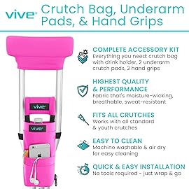 Vive Crutch Pads, Bag, & Hand Grips (5 PCS) - Crutches for Adults Armpit Padding, Hand Grips, Accessories Pouch - Soft Tips Medical Padded Handles for Kids, Men, Women - Lightweight (Pink)