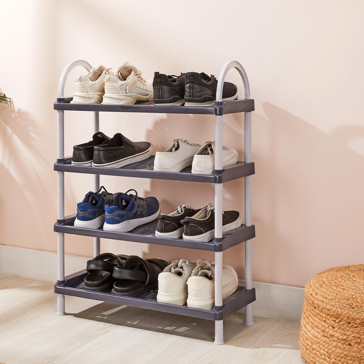 amazon basics Multipurpose Plastic Shoe Rack | Durable, Space-Saving & Easy to Assemble | Portable Shoe Organizer | Grey (Large, 65.7 cm x 27.5 cm x 83 cm)-image-15