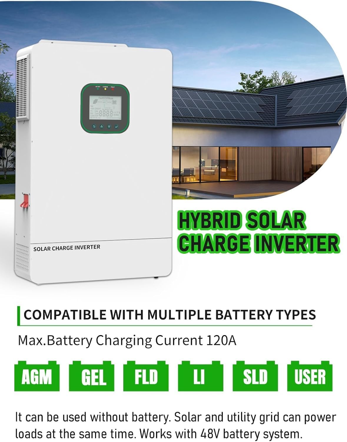 All in One 6500W Solar Hybrid Inverter Pure Sine Wave Inverter with Single Phase Split Phase，MAX 6 Parallel, Work with 48V Lead Acid/LiFePO4 for Home, RVs, (6.5KW-WiFi) - Image 5
