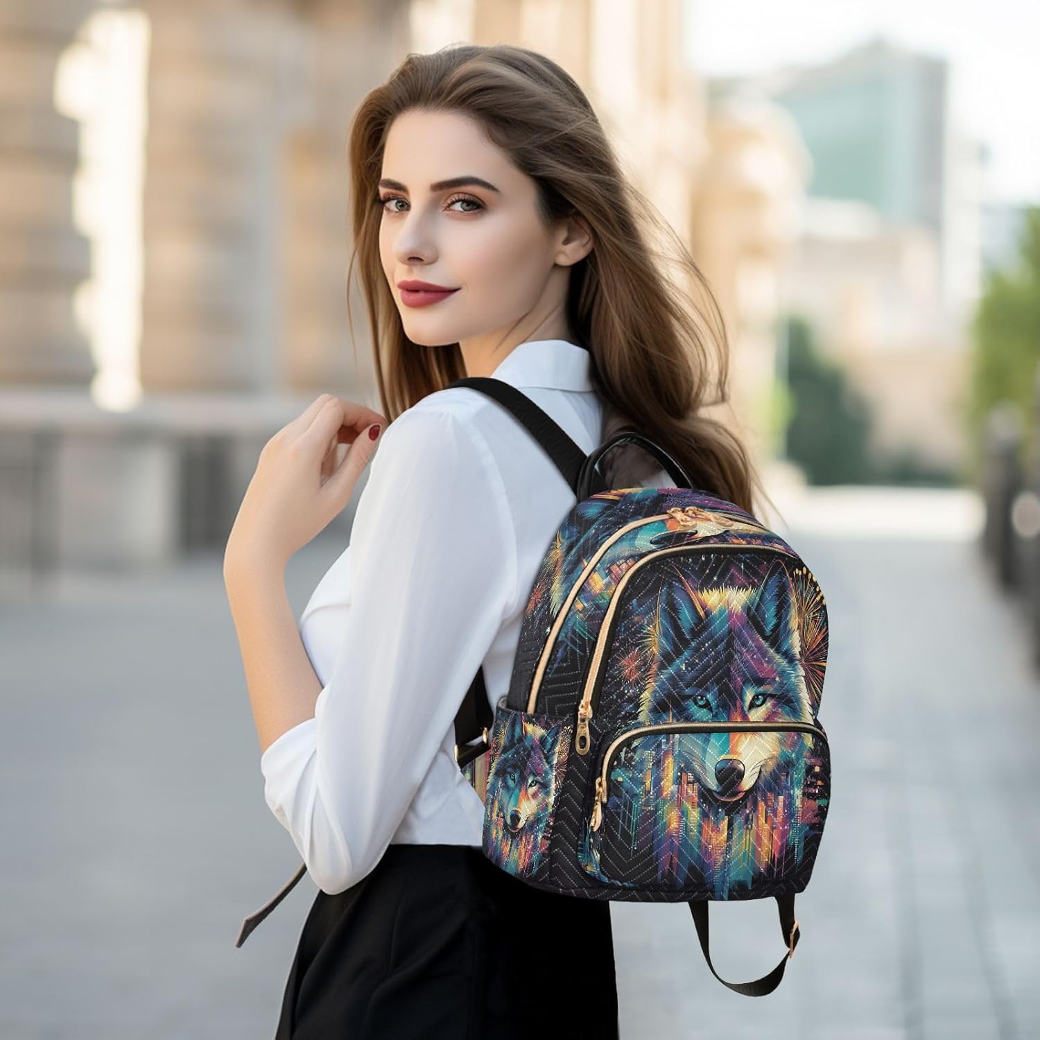 Women's Quilted Backpack Purse Colorful Wolf Face Fireworks Fashion Backpacks Casual Rucksack, Medium