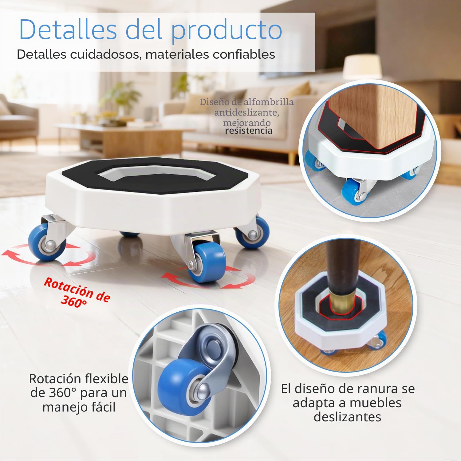 Set de 6 Ruedas para Muebles con 4 Ruedas para Muebles Pesados 1 Dispositivo de Elevación 1 Barra Extensible 360°Giratorias Alta Capacidad de Carga Antideslizante para Furniture Mover