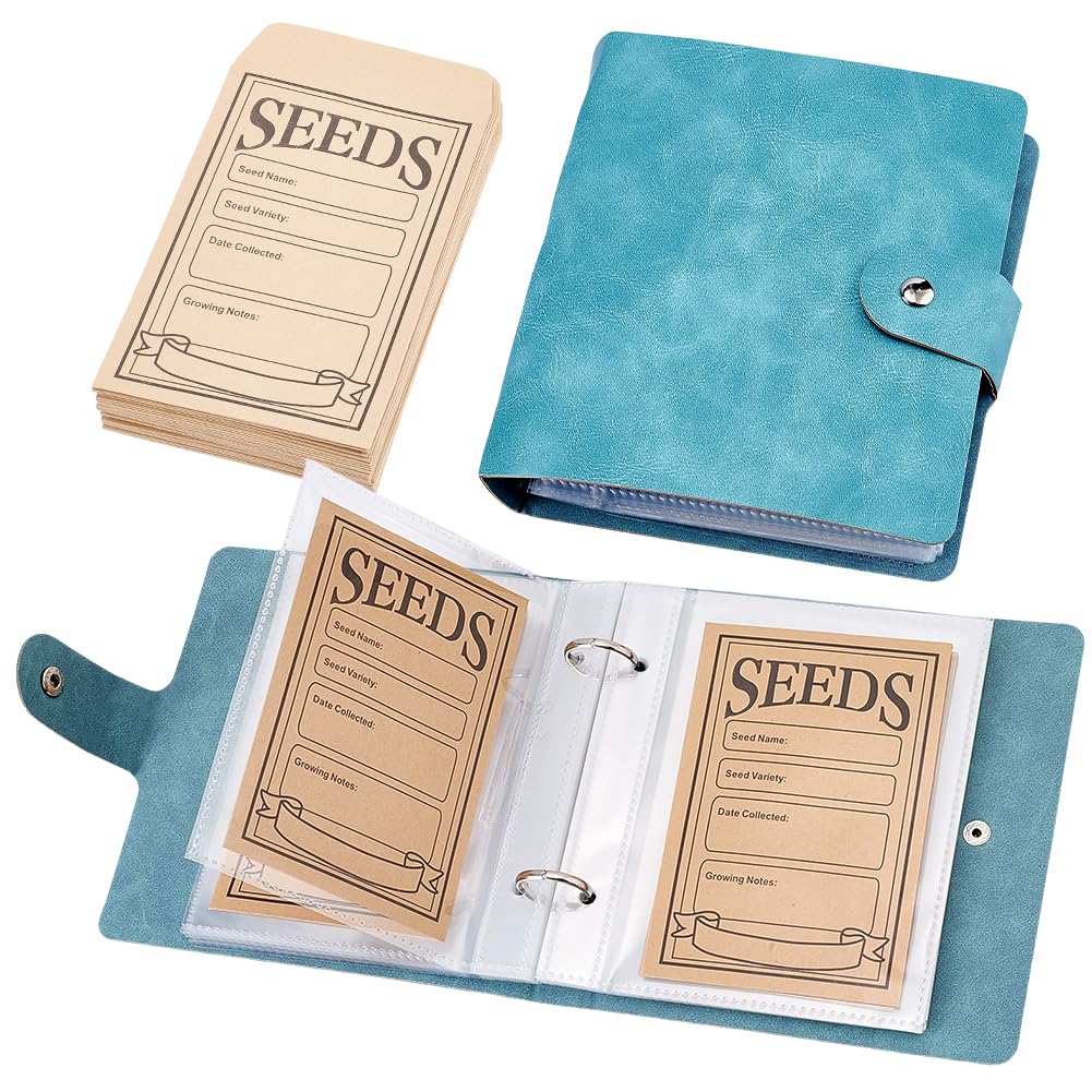 CALFOVERA 25 Sheet PU Leather Garden Seed Saver Organizer Binder Small Leather Seed Saving Book Protector with 25 Clear Pockets and 50 Resealable Paper Envelopes for Vegetable Flowers(Dark Cyan)