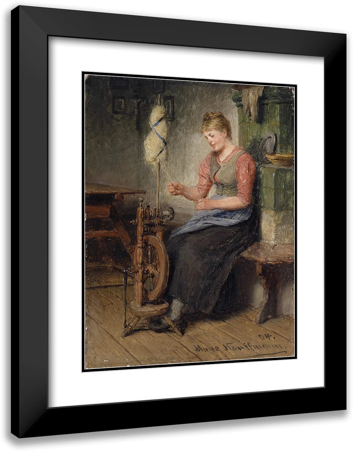 ArtDirect Hugo Kauffmann 15x18 Black Modern Frame and Double Matted Museum Art Print Titled - Madel Am Spinnrad (1904)
