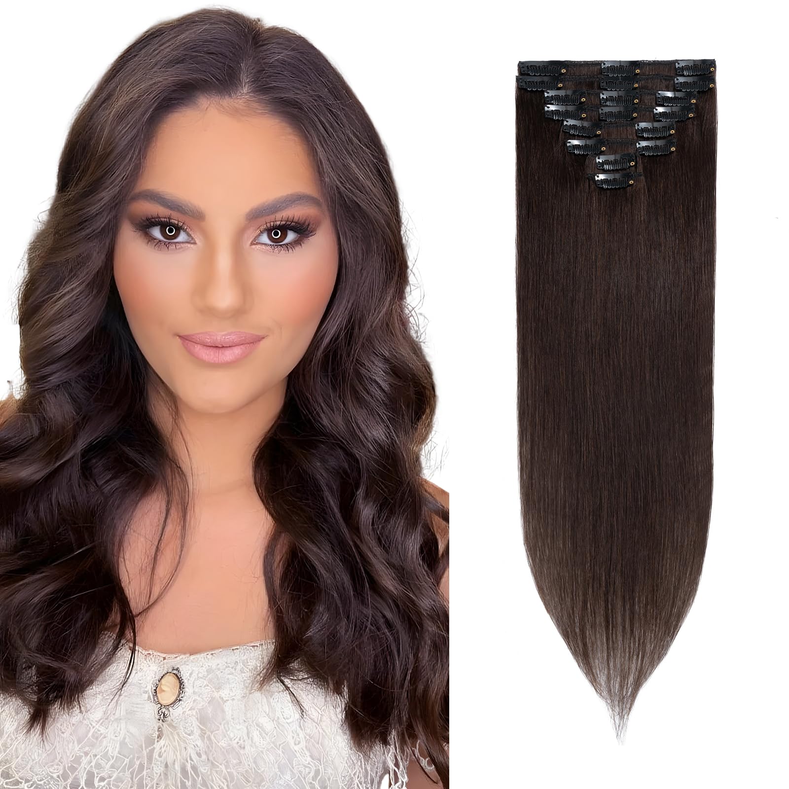 Rich Choices Hair Extensions Clip in Human Hair Dark Brown 8 Inch Invisible Straight Remy Real Hair Extensions Clip in