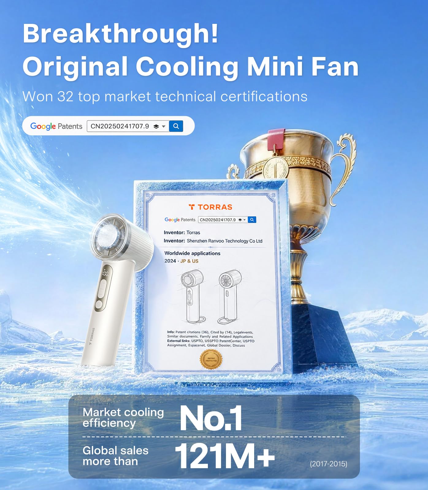 TORRAS Coolify iva - Ventilatore portatile con refrigeratore per il ghiaccio, raffreddamento di 10 °C, velocità regolabile da 0 a 100, mini ventilatore portatile super potente da 4900 mAh