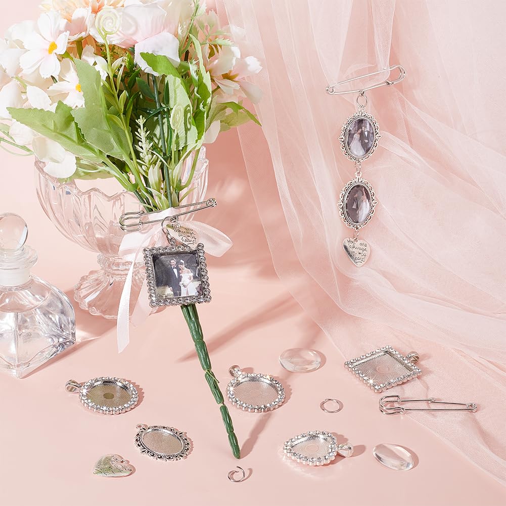 UNICRAFTALE 4 Sets 4 Styles Wedding Bouquet DIY Photo Charm Bouquet Memorial Bridal Charm Oval Round Pin Brooch Making Kit Heart Memorial Locket Cabochon Pendants for Wedding Party Bridal Shower - Image 3