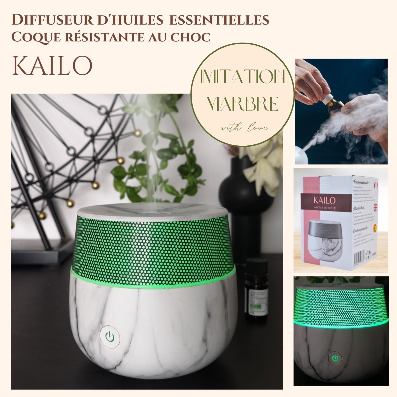 Zen'Arôme - Diffusor Kailo - Luftbefeuchter für ätherische Öle - Ultraschall-Aromatherapie-Vernebler - Elektrische Duftlampe im Marmor-Design mit verstellbarer LED-Beleuchtung und Diffusion - Auto-Off