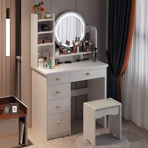 ECACAD Vanity Desk Set with LED Lighted Round Mirror, Makeup Dressing Table with 5 Drawers, Storage Shelves & Cushioned Stool for Bedroom, White