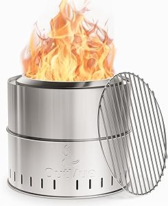 OutVue 15.5 inch Stainless Steel Smokeless Fire Pit with Grill, Outdoor Smokeless Firepit, Wood Burning Fire Pits for Camping, Bonfire, Low Smoke Firepit for Outside (Vertical Hole)