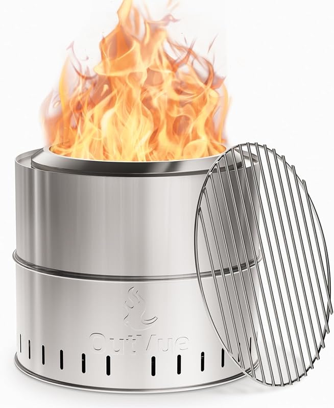 OutVue 15.5 inch Stainless Steel Smokeless Fire Pit with Grill & Tote Bag | Outdoor Smokeless Firepit with Fire Poker, Wood Burning Fire Pits for Camping, Bonfire, Low Smoke Firepit for Outside