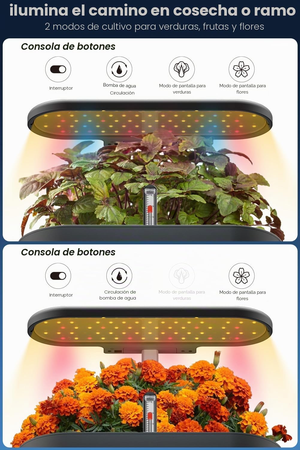 inbloom Kit de sistema de cultivo hidropónico de 12 cápsulas, kit de maceta de jardín de hierbas, sistema de cultivo hidropónico de jardinería interior con cápsulas, bomba de agua de 4.2 L, altura