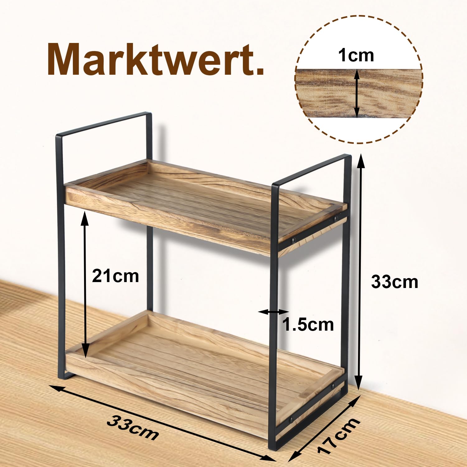 Mapille Organizer van hout, metaal, met 2 planken, multifunctioneel rek van hout op metalen frame, bureaurek voor keuken, badkamer, cosmetica, kantoor, woonkamer en keuken