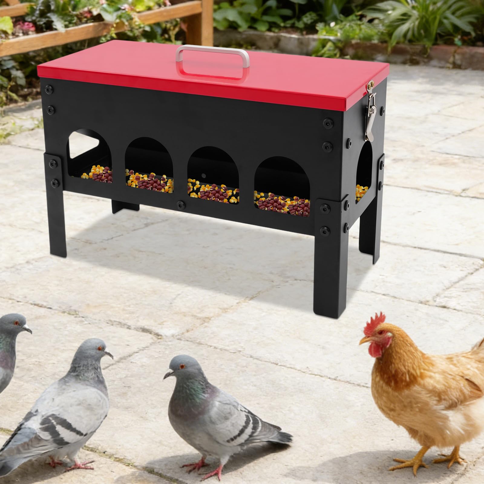 Comedero automático para pollos, 10 L, hierro, bebedero automático para pollos con 10 puntos de alimentación y tapa, accesorio grande para gallinas, comederos para aves de corral, pollos, patos