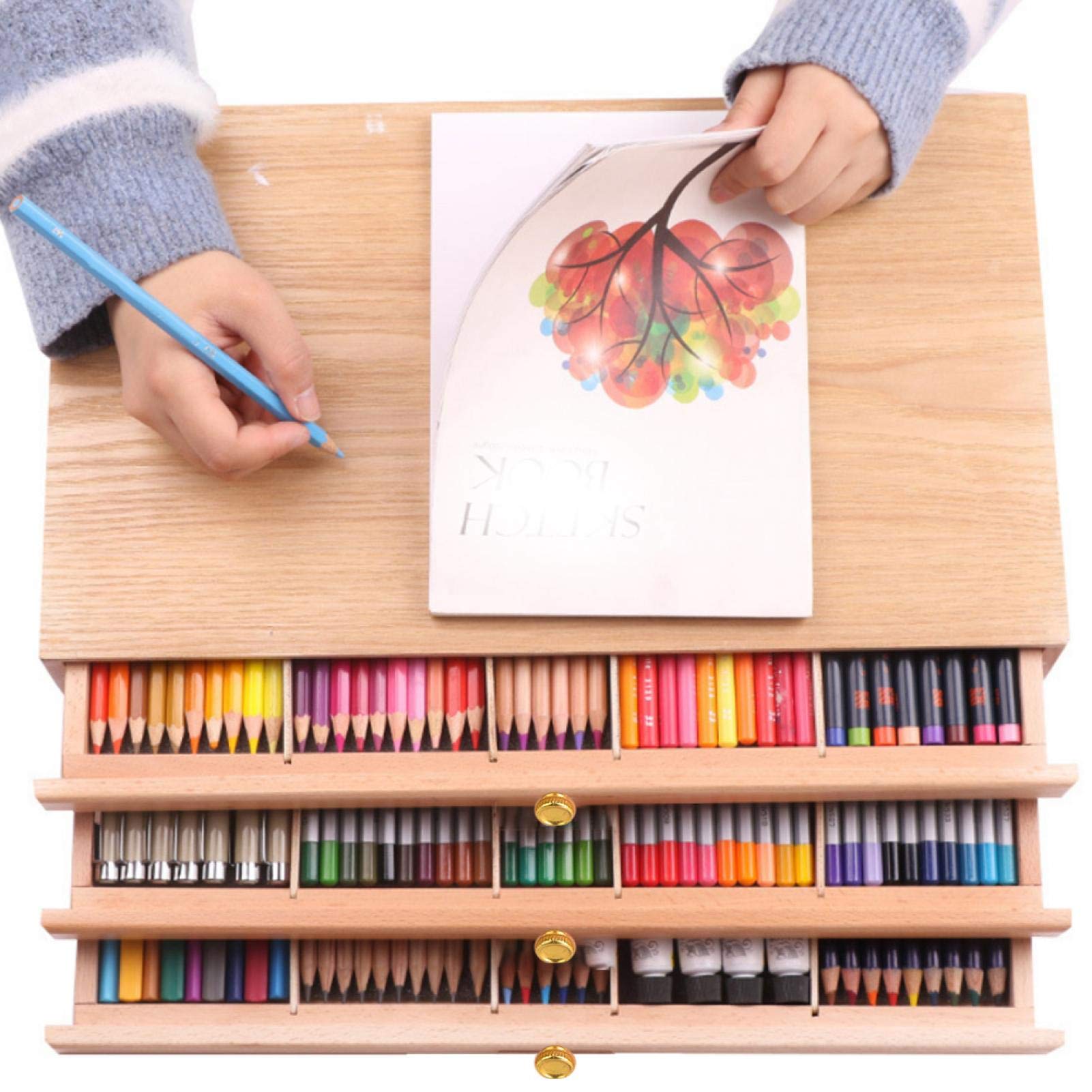 Boîte à outils de dessin à 3 couches, boîte de rangement d’outils d’accessoires de peinture pigmentaire d’approvisionnement d’artiste en bois, 15 zones de rangement, pour pastels, crayons, marqueurs