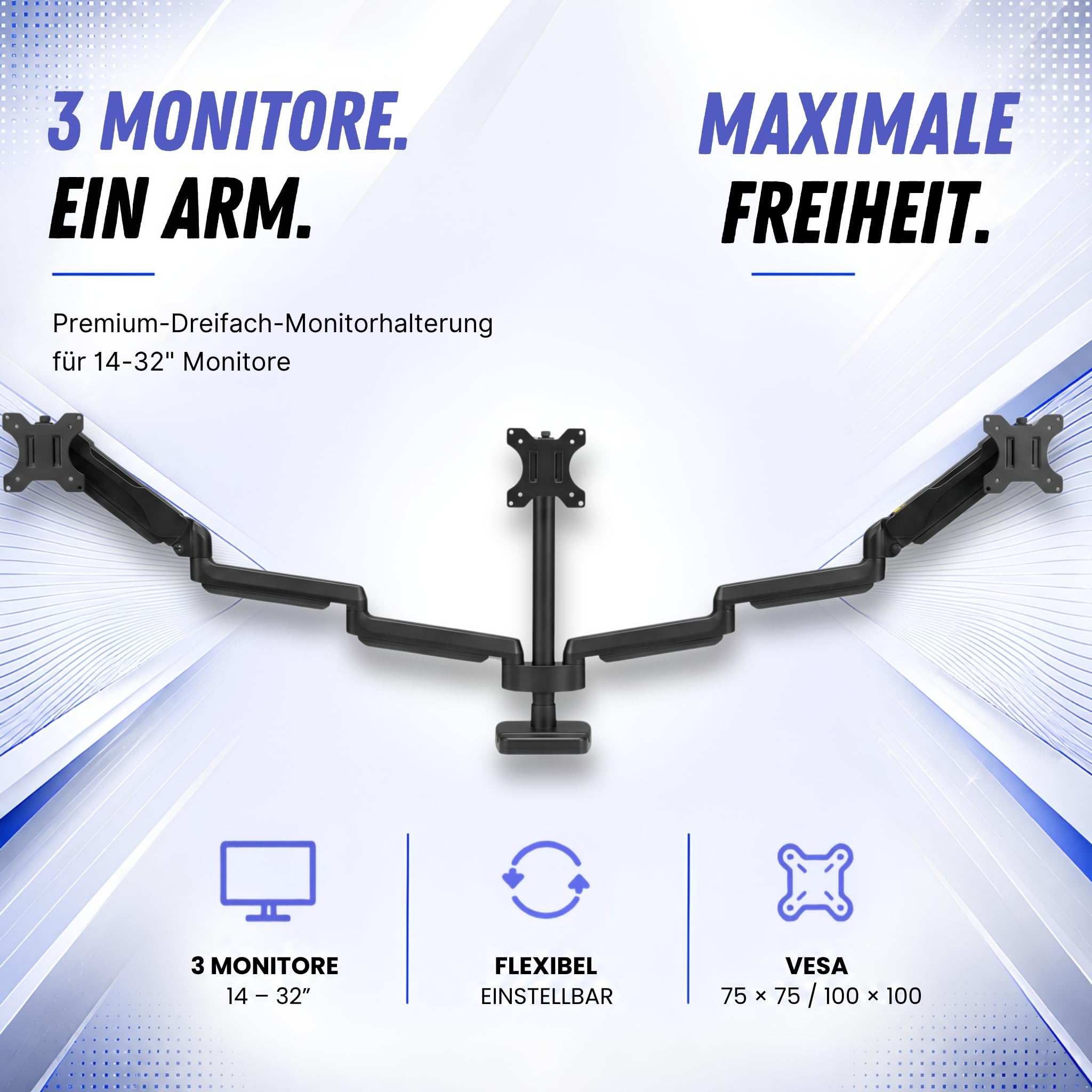 Monitor Halterung 3 Monitore für 14 bis 32 Zoll 360° Beweglichkeit