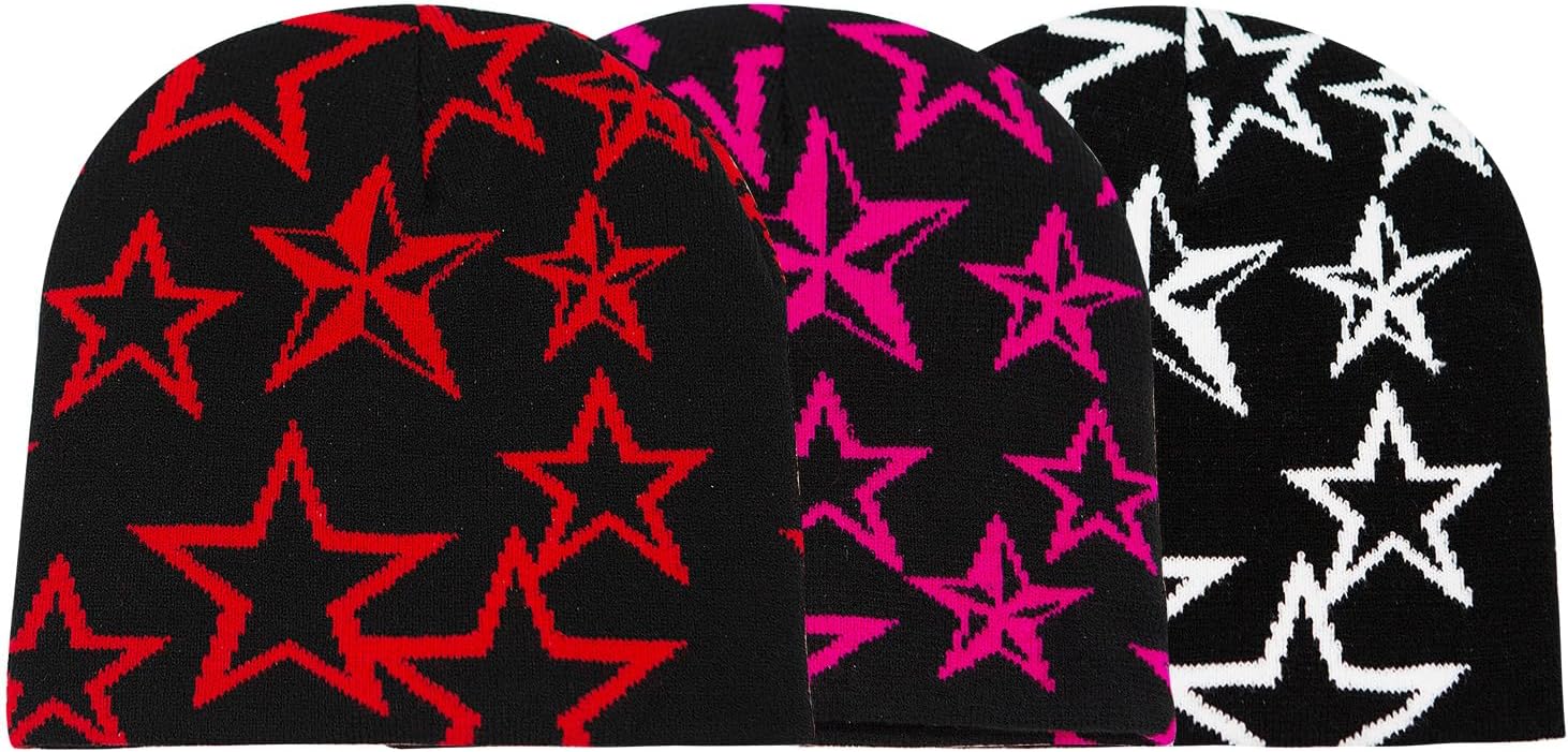 YAMEIZE Unisex Beanie Y2K Star Pattern - Knitted Hats for Women Men Beanie Hat Soft Elastic Hat Winter Skull Cap Outdoor