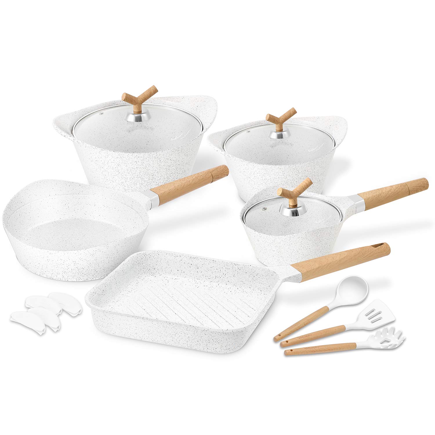 Nonstick Cookware Set 100% PFOA Free Aluminum Induction Pots and Pans Set with Cooking Utensils- 15 - Piece - White