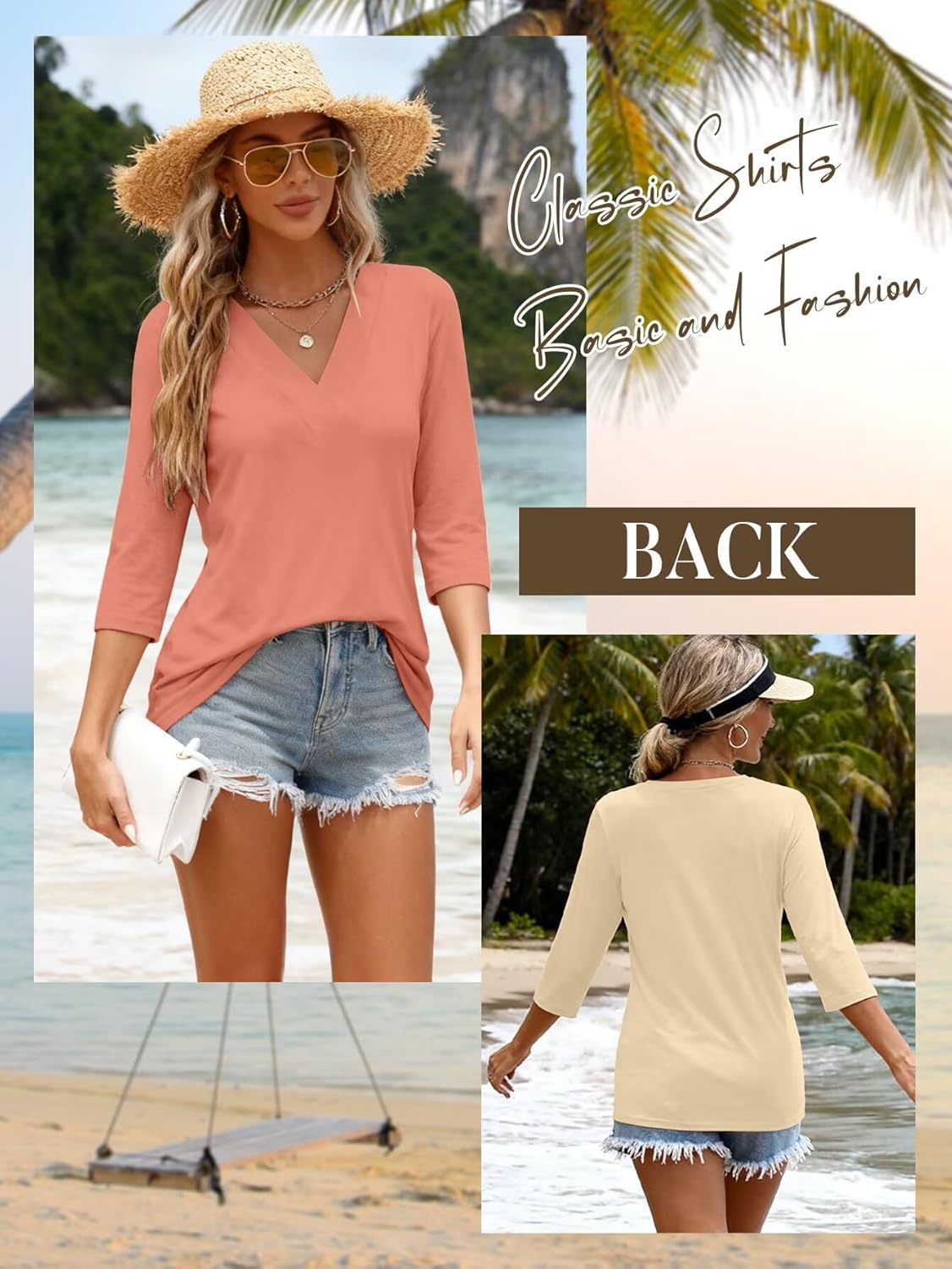 Bliwov 3 Pack Womens Summer Tops V Neck 3/4 Sleeve Loose Tshirts Business Casual Beach Trendy Blouses Spring Clothes Outfit - Image 2