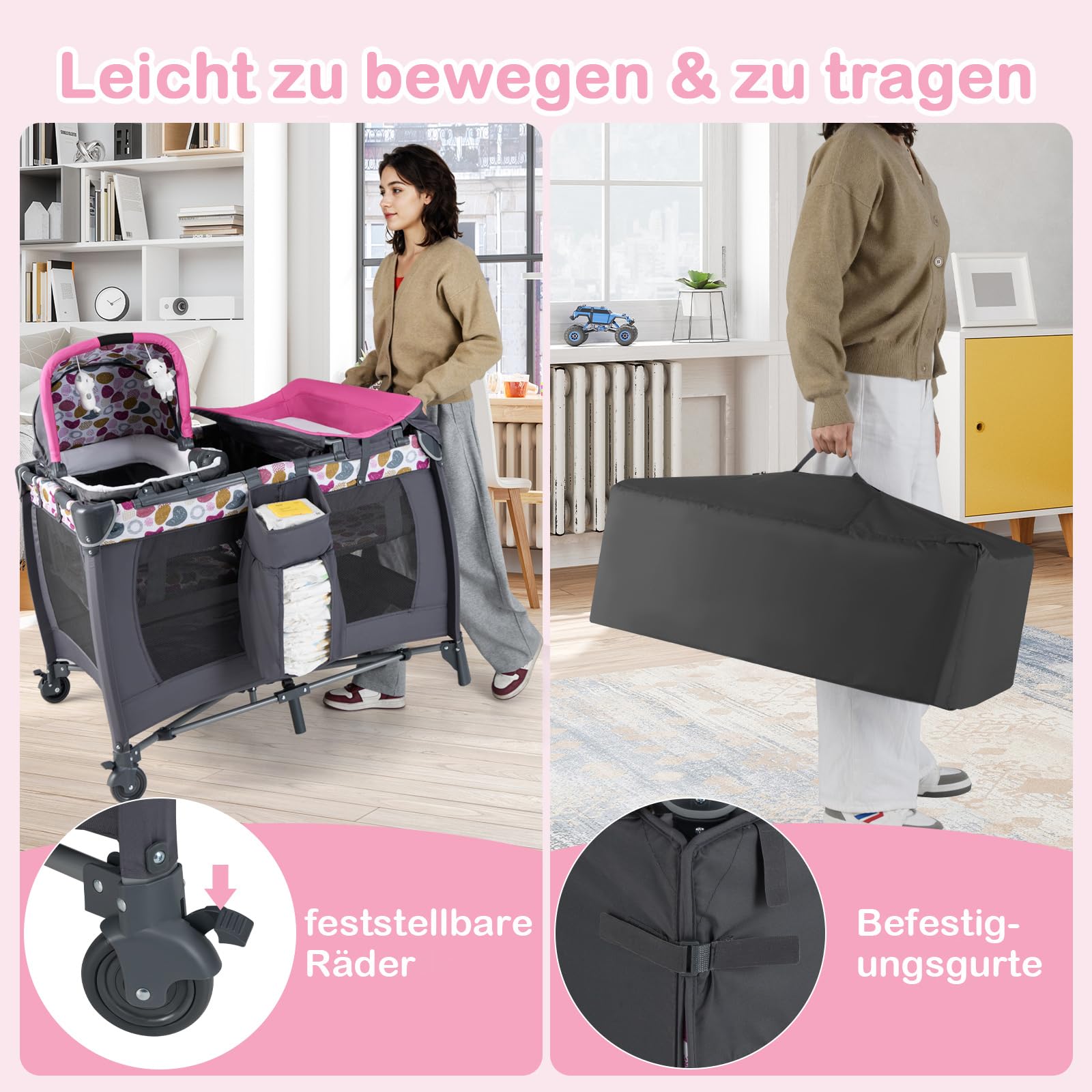 GOPLUS 5-in-1 Babybett, Beistellbett Baby mit Wickelauflage, Bremsrädern und Reisetasche, Musikbox mit Vibrationsfunktion, 2 hängende Spielzeuge, tragbares Reisebett mit Transporttasche (Rosa)